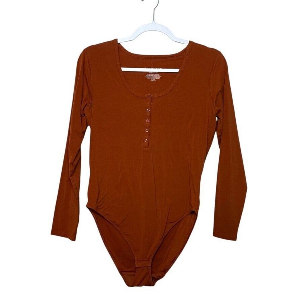 Everlane The Long-Sleeve Round Neck Bodysuit Tierracotta Women L Stretch Button